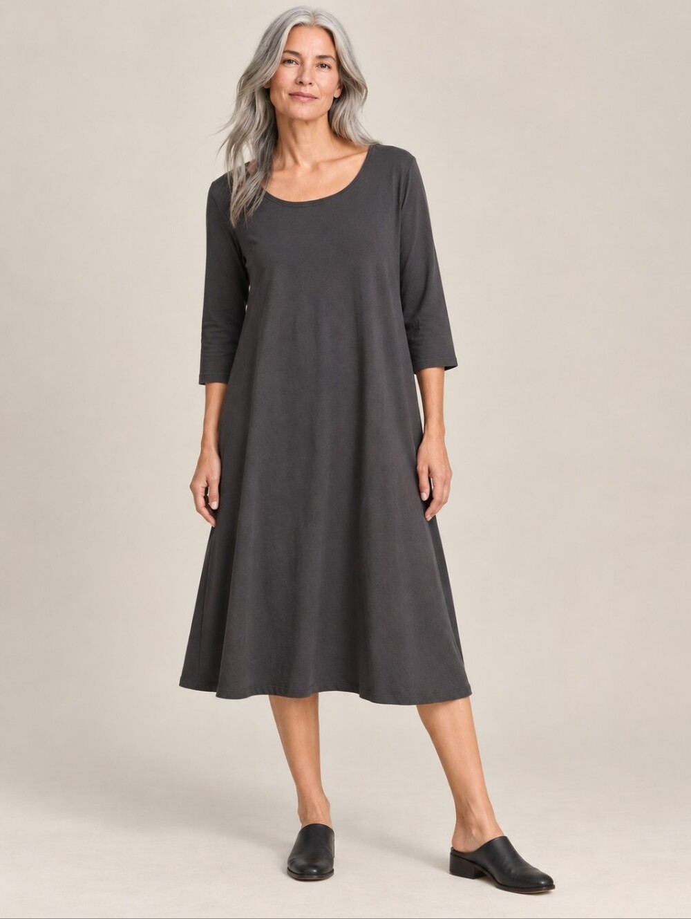 ❤️ EILEEN FISHER ORGANIC COTTON RELAXED MIDI DRESS. GRAY, LARGE